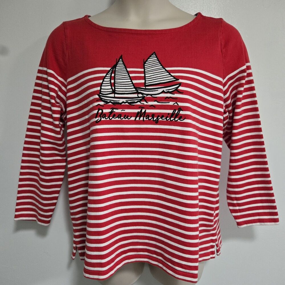 Talbots Petite Size 2XP Red Striped w/ Embroidered Bateau‎ Marseille Boatneck